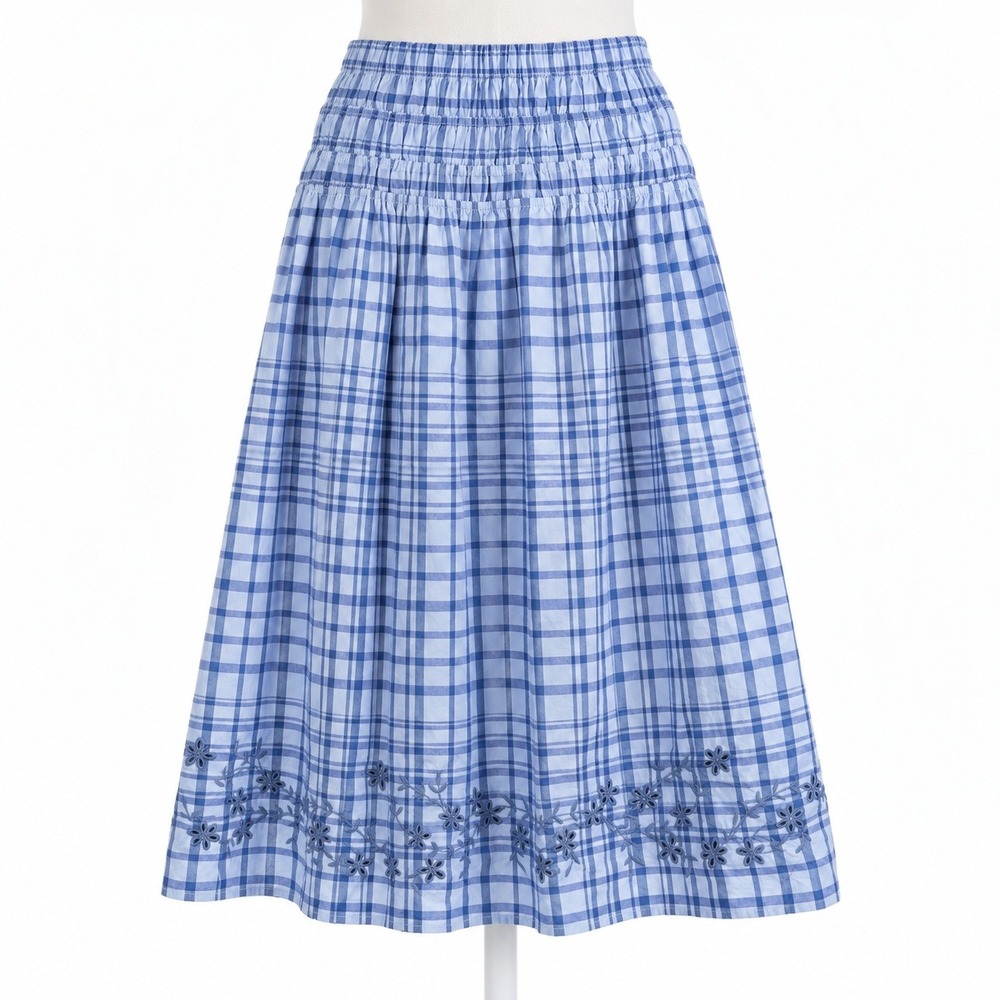 Plaid Embroidered 100% Cotton Maxi Skirt Size L Blue Cottagecore Boho Prairie